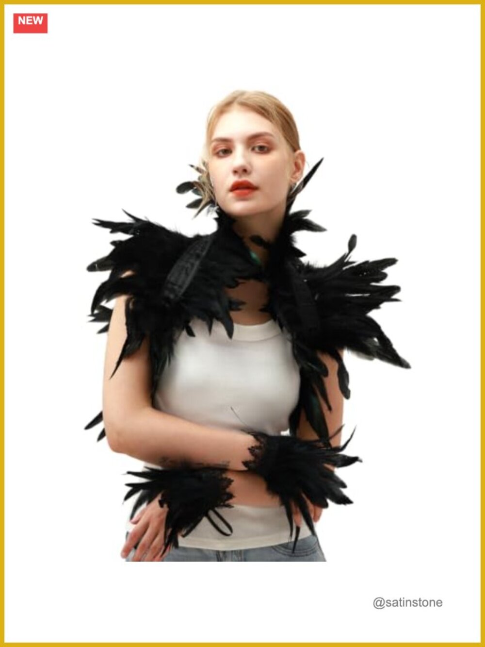 Gothic Feather Shawl Wrist Cuffs Costume Set Lace Halloween Cosplay Party